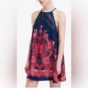 Free people intimately Navy Pink Shea Crochet Halter Mini Dress sz L coverup